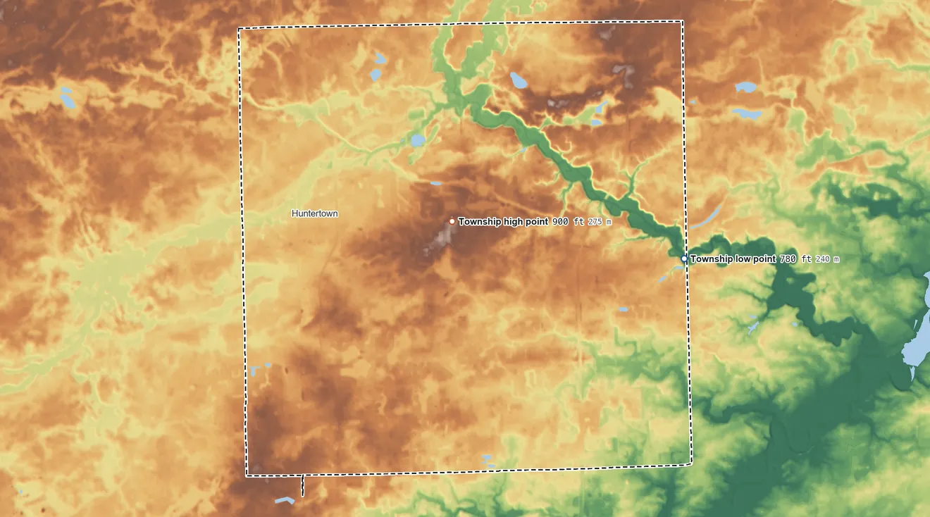 Topographic elevation map of Perry Township, Allen County, Indiana, shaded from 780 ft on the northeast side to 900 ft on the north side