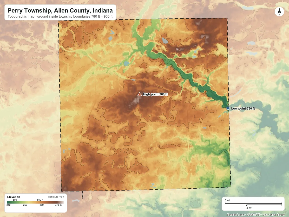 Topographic elevation map of Perry Township, Allen County, Indiana, shaded from 780 ft on the northeast side to 900 ft on the north side