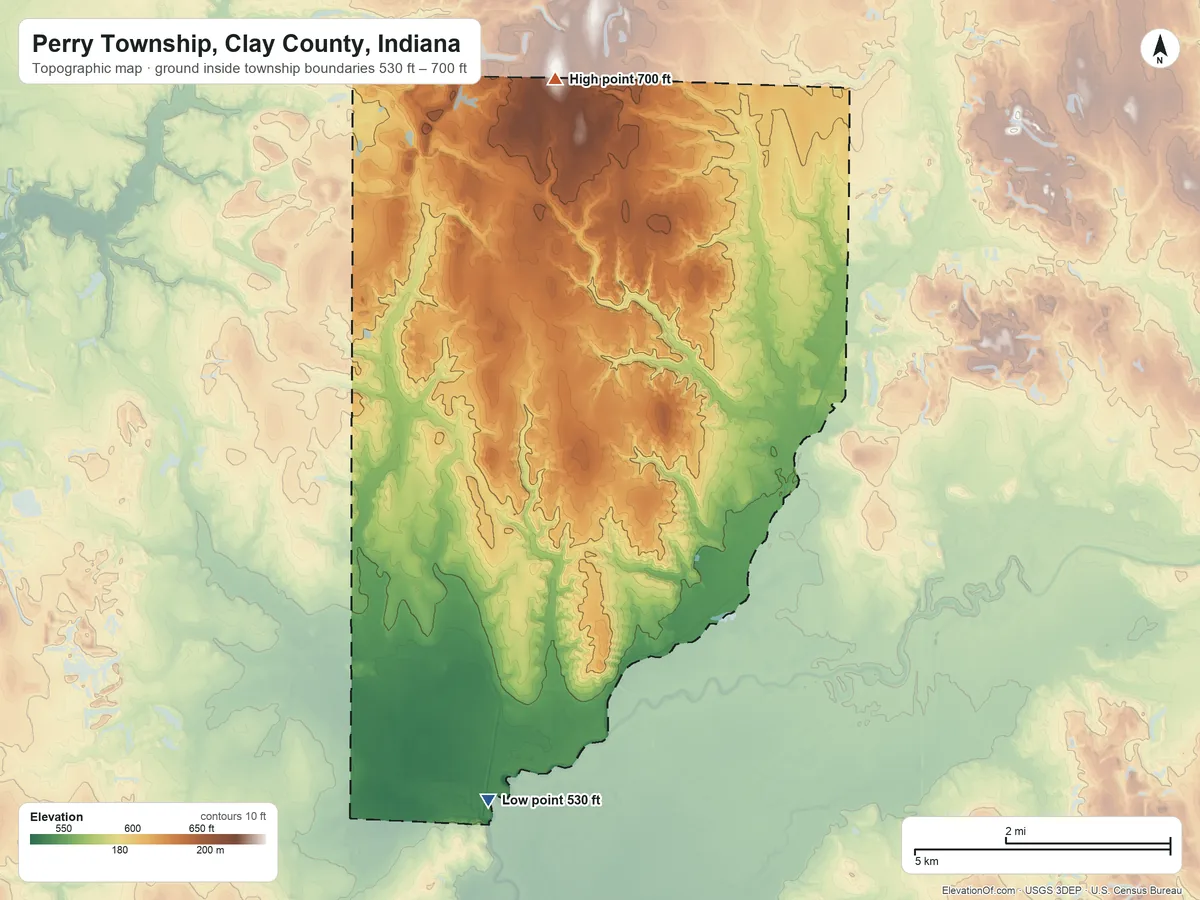 Topographic elevation map of Perry Township, Clay County, Indiana, shaded from 530 ft on the south side to 700 ft on the north side