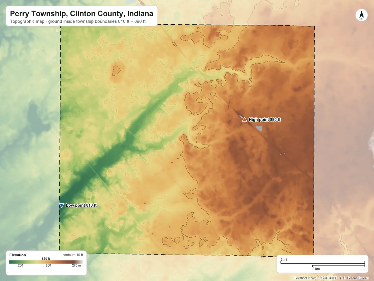Topographic elevation map of Perry Township, Clinton County, Indiana, shaded from 810 ft on the west side to 890 ft on the northeast side