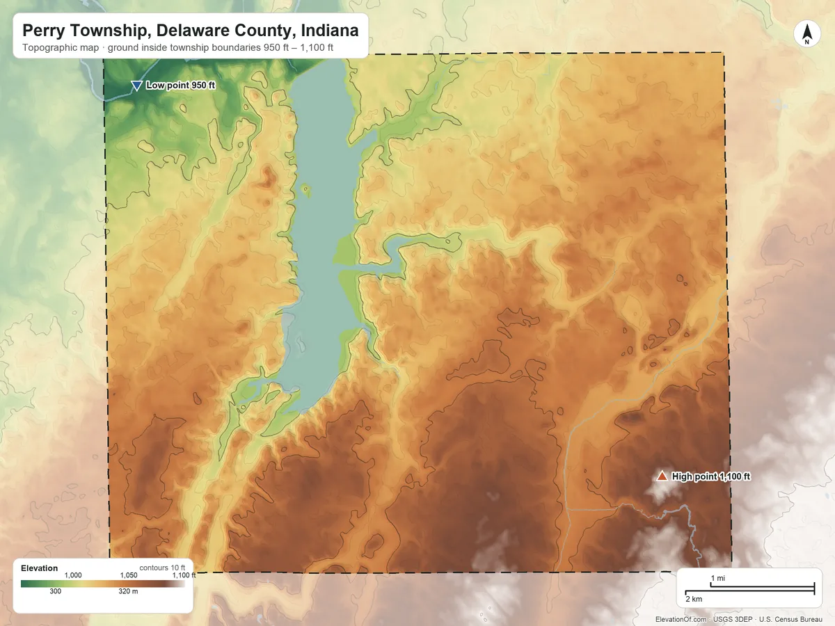 Topographic elevation map of Perry Township, Delaware County, Indiana, shaded from 950 ft on the northwest side to 1,100 ft on the southeast side