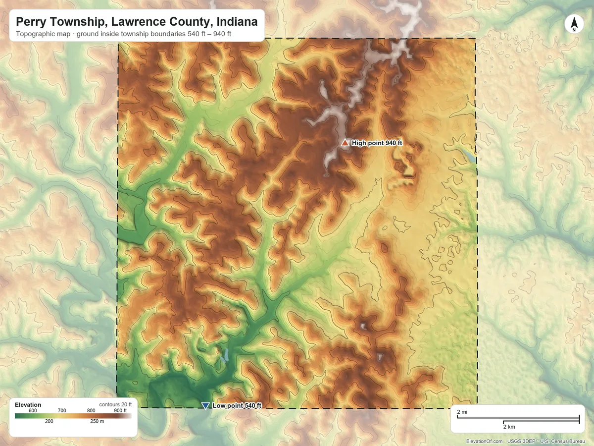 Topographic elevation map of Perry Township, Lawrence County, Indiana, shaded from 540 ft on the southwest side to 940 ft on the north side