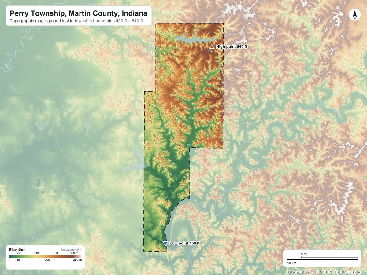 Topographic elevation map of Perry Township, Martin County, Indiana, shaded from 450 ft on the south side to 840 ft on the northeast side