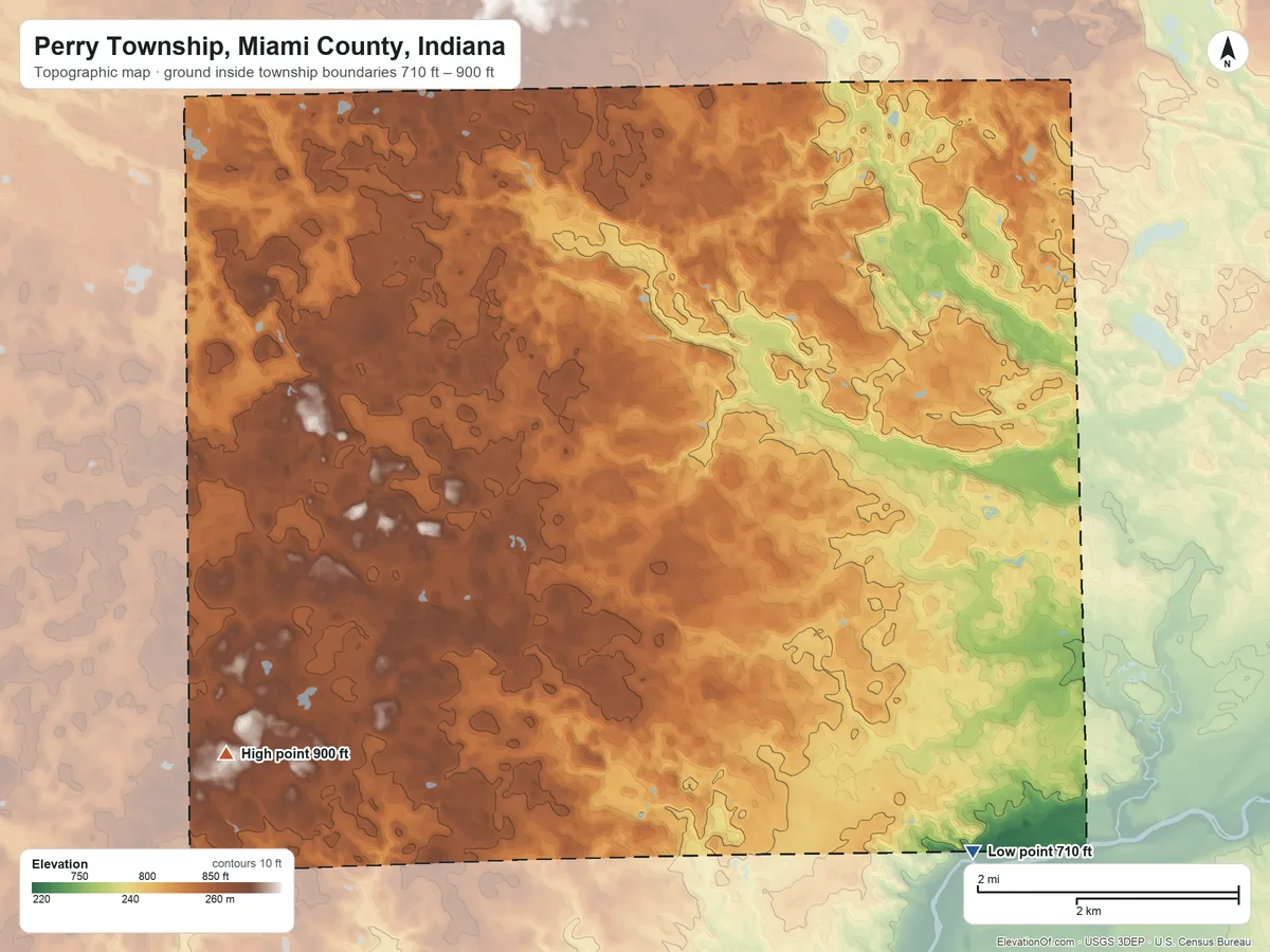 Topographic elevation map of Perry Township, Miami County, Indiana, shaded from 710 ft on the southeast side to 900 ft on the southwest side
