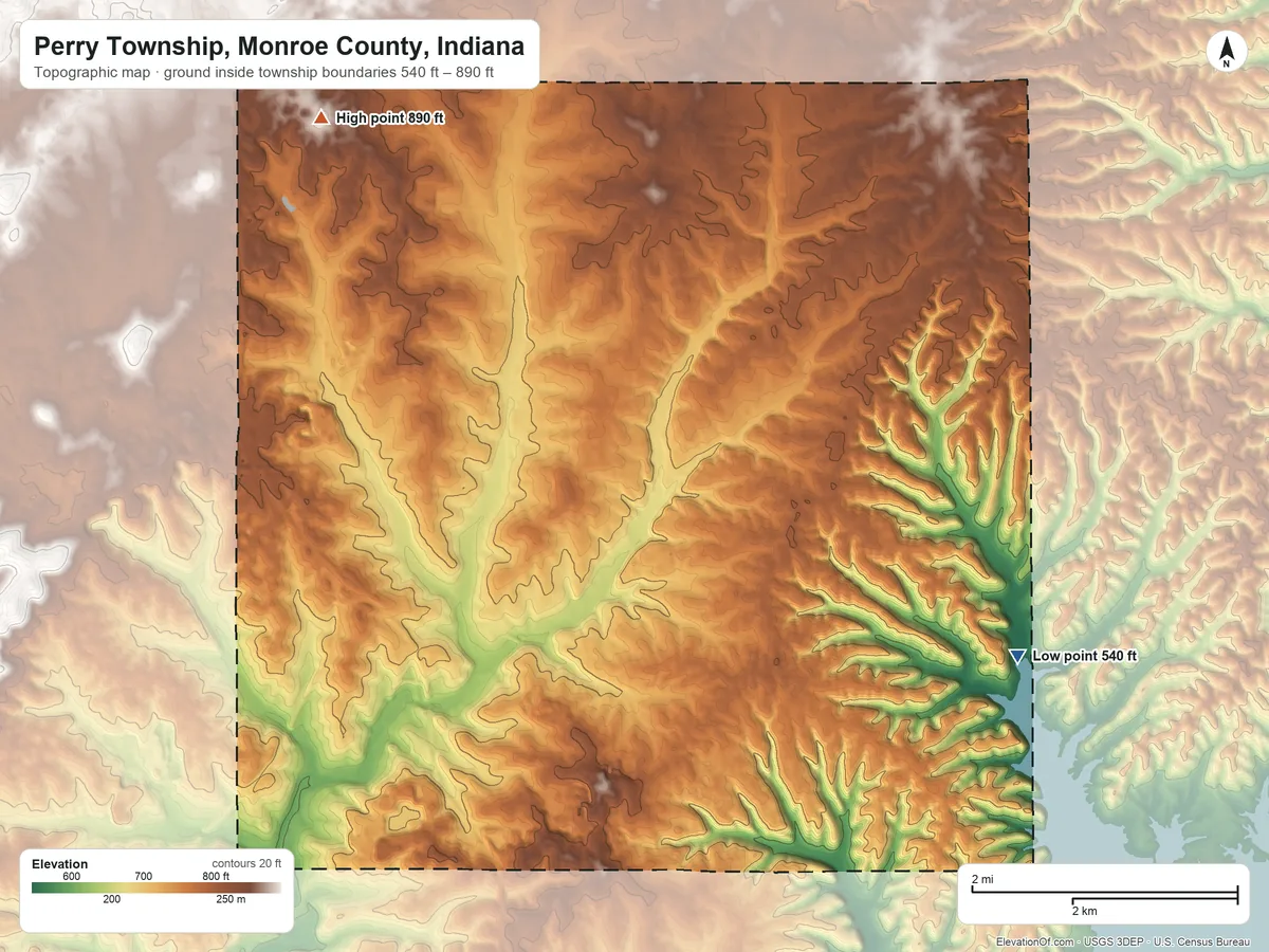 Topographic elevation map of Perry Township, Monroe County, Indiana, shaded from 540 ft on the southeast side to 890 ft on the northwest side