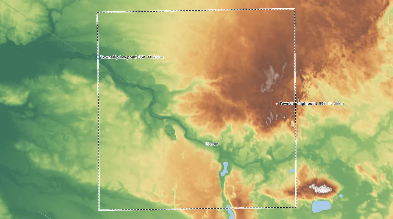 Topographic elevation map of Perry Township, Noble County, Indiana, shaded from 850 ft on the northwest side to 990 ft on the northeast side