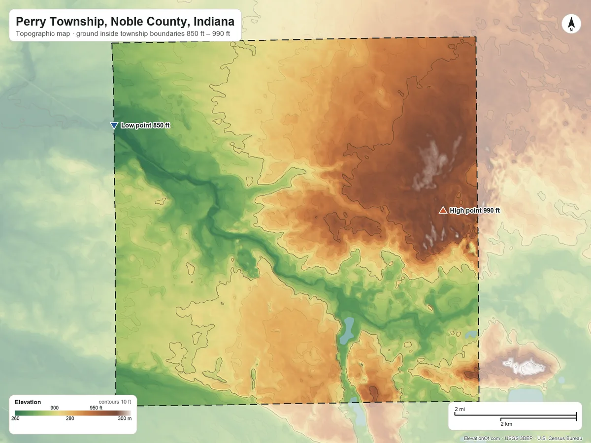 Topographic elevation map of Perry Township, Noble County, Indiana, shaded from 850 ft on the northwest side to 990 ft on the northeast side