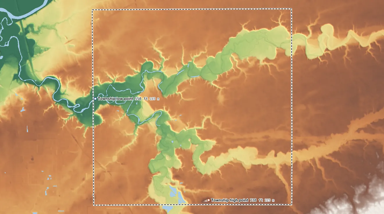Topographic elevation map of Perry Township, Tippecanoe County, Indiana, shaded from 550 ft on the northwest side to 730 ft on The Mound