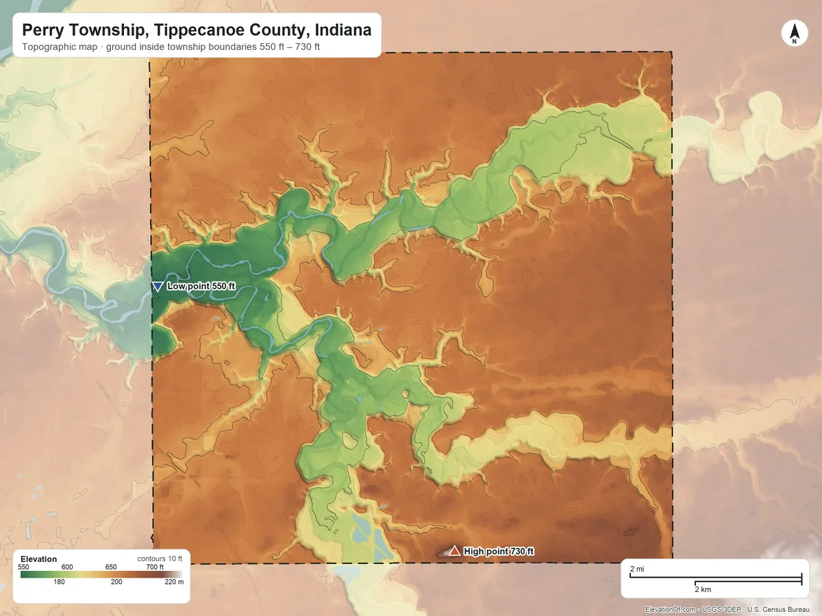 Topographic elevation map of Perry Township, Tippecanoe County, Indiana, shaded from 550 ft on the northwest side to 730 ft on The Mound
