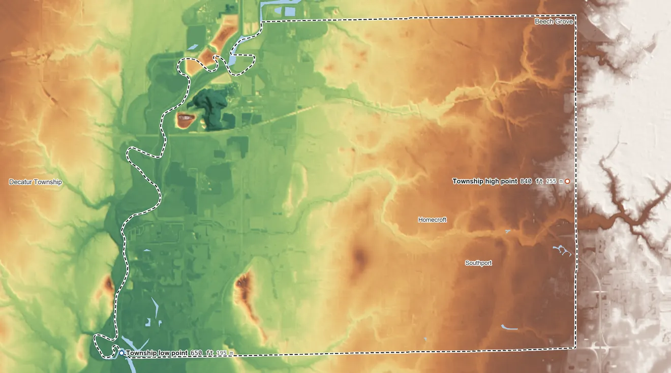 Topographic elevation map of Perry Township, Indiana, shaded from 650 ft on the southwest side to 840 ft on the east side