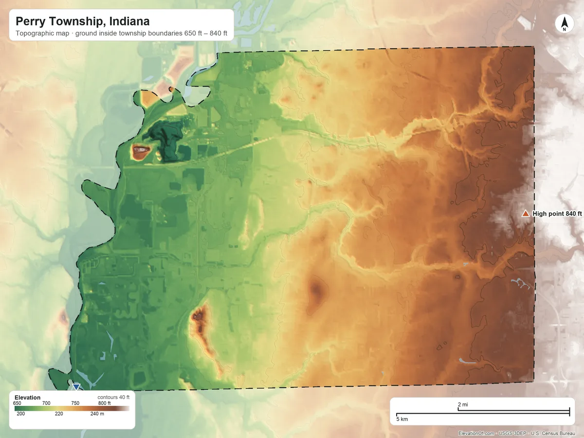 Topographic elevation map of Perry Township, Indiana, shaded from 650 ft on the southwest side to 840 ft on the east side