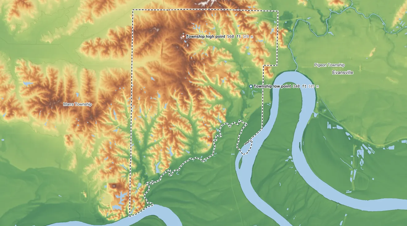 Topographic elevation map of Perry Township, Vanderburgh County, Indiana, shaded from 340 ft on the east side to 560 ft on the northwest side