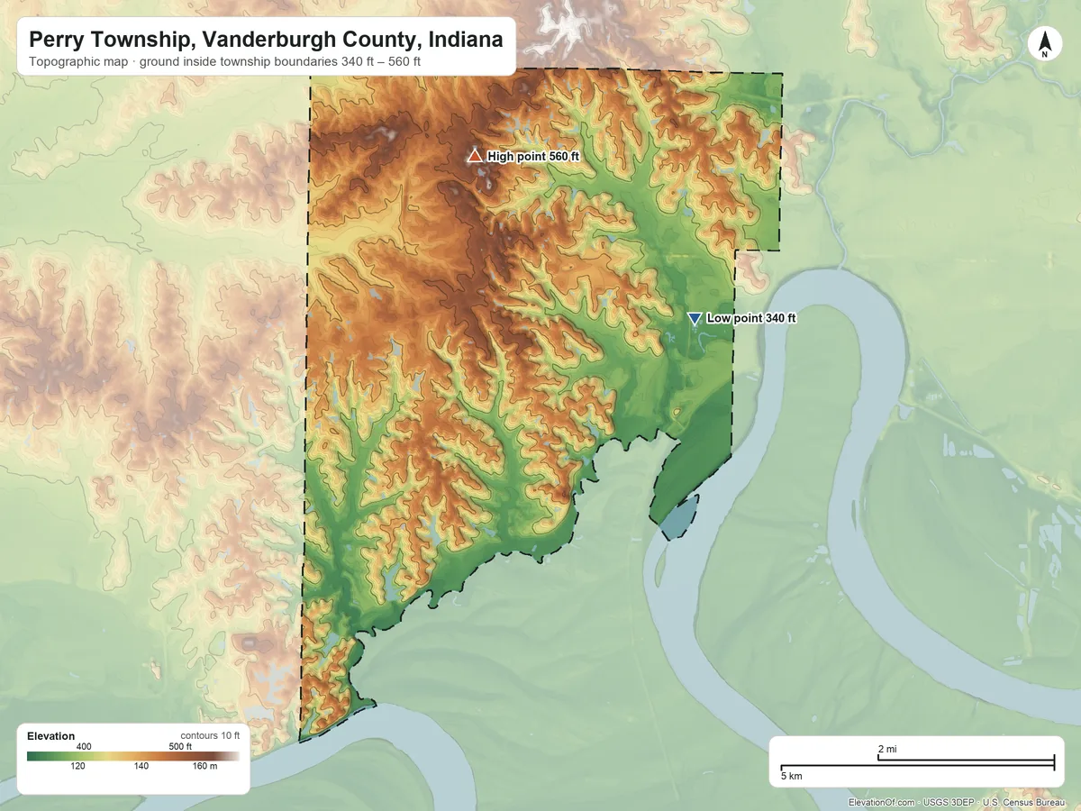 Topographic elevation map of Perry Township, Vanderburgh County, Indiana, shaded from 340 ft on the east side to 560 ft on the northwest side