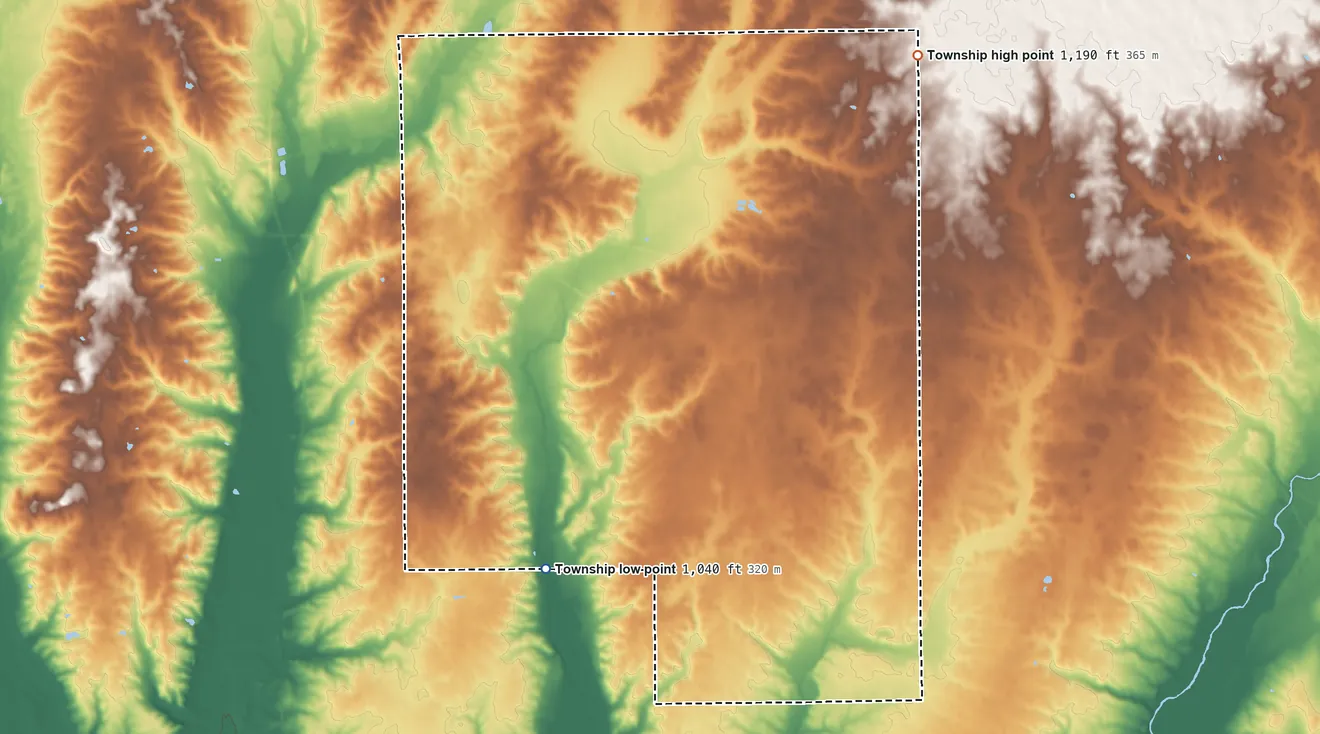 Topographic elevation map of Perry Township, Wayne County, Indiana, shaded from 1,040 ft on the southwest side to 1,190 ft on the northeast side