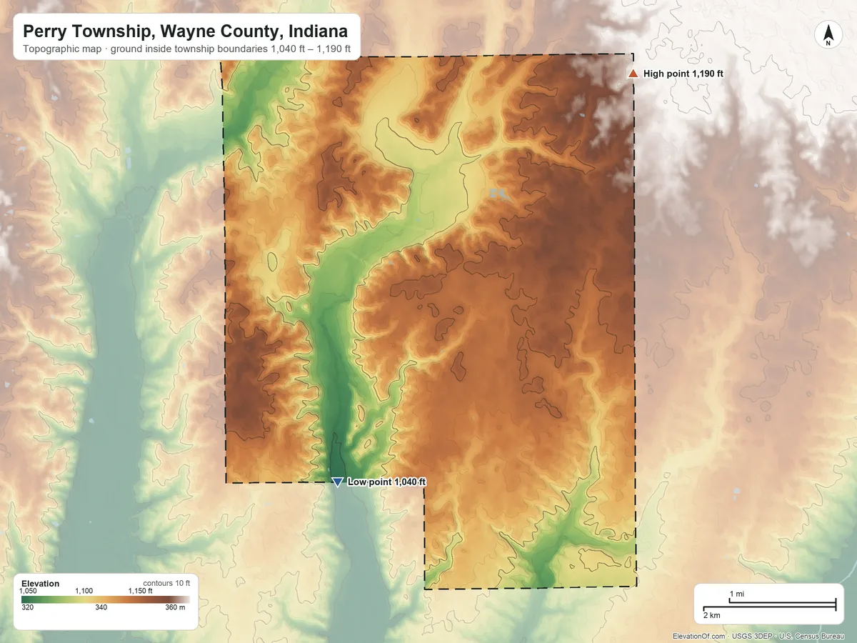 Topographic elevation map of Perry Township, Wayne County, Indiana, shaded from 1,040 ft on the southwest side to 1,190 ft on the northeast side