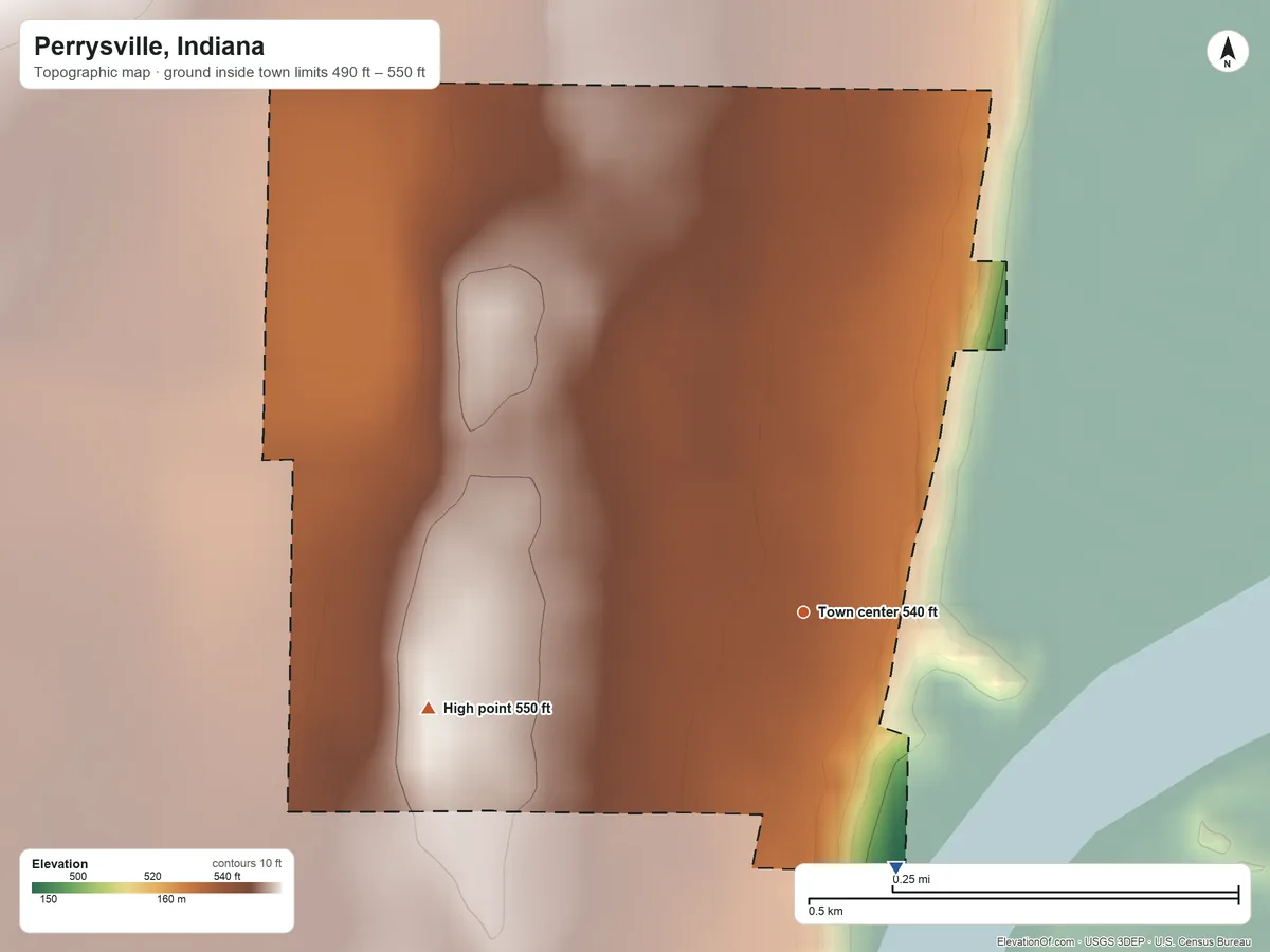 Topographic elevation map of Perrysville, Indiana, shaded from 490 ft on the south side to 550 ft on the west side