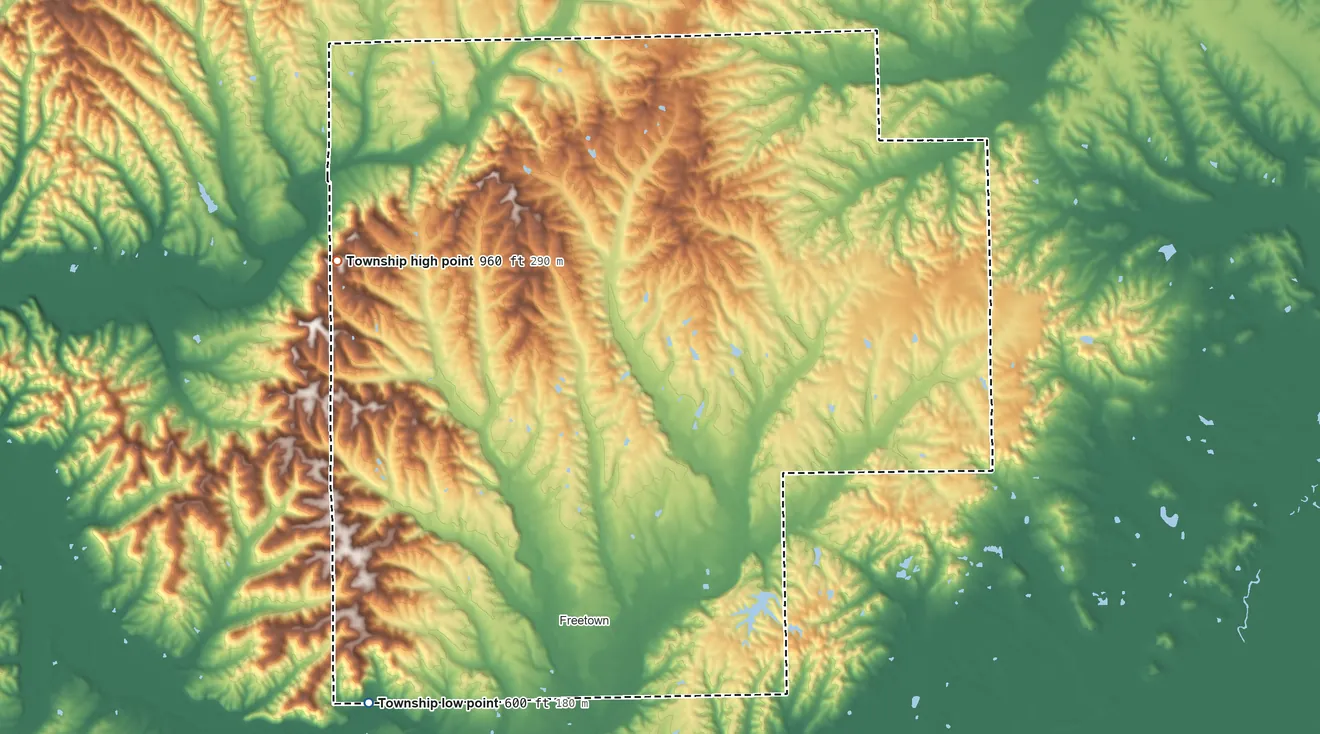 Topographic elevation map of Pershing Township, Indiana, shaded from 600 ft on the southwest side to 960 ft on the northwest side