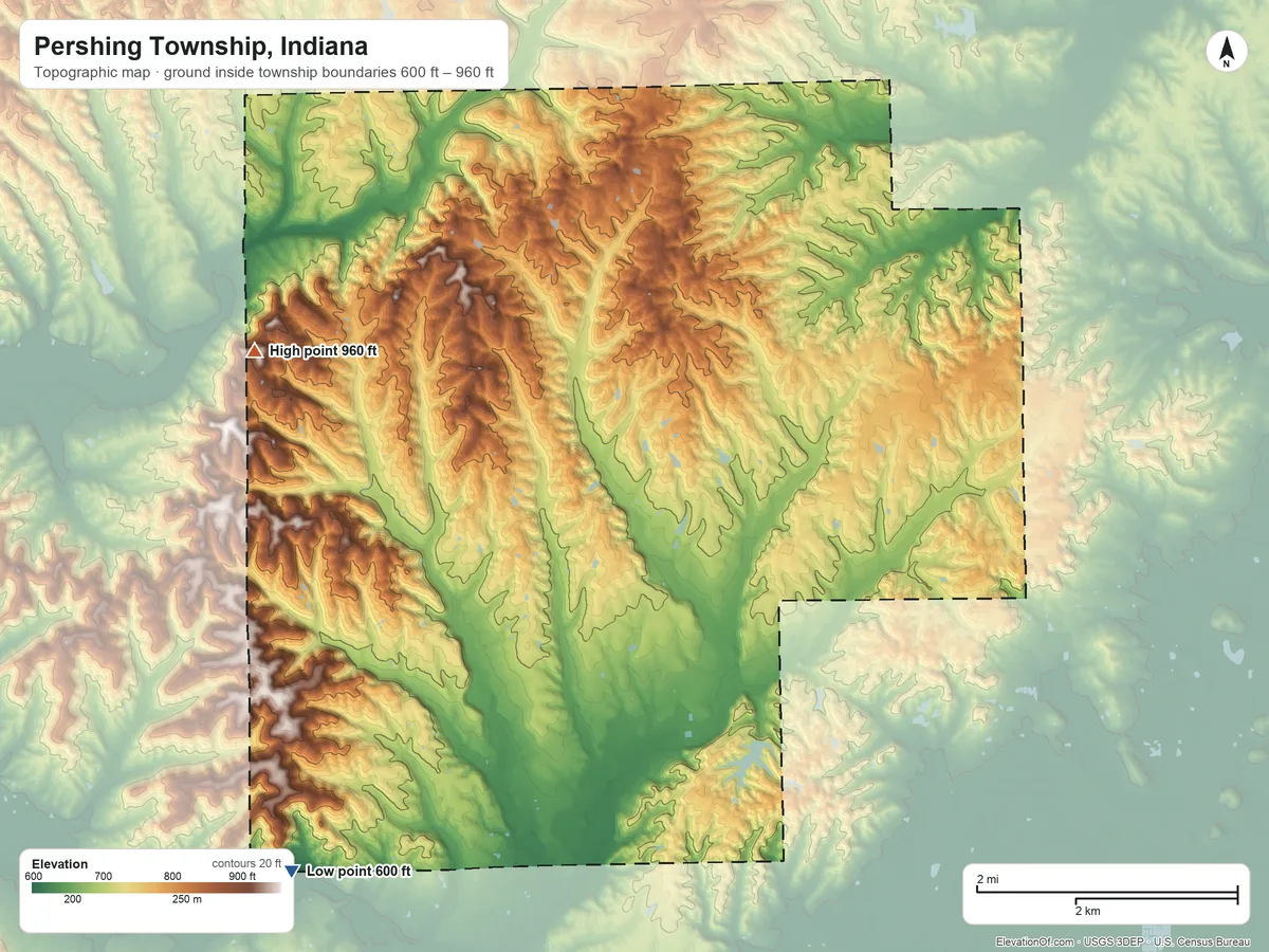 Topographic elevation map of Pershing Township, Indiana, shaded from 600 ft on the southwest side to 960 ft on the northwest side