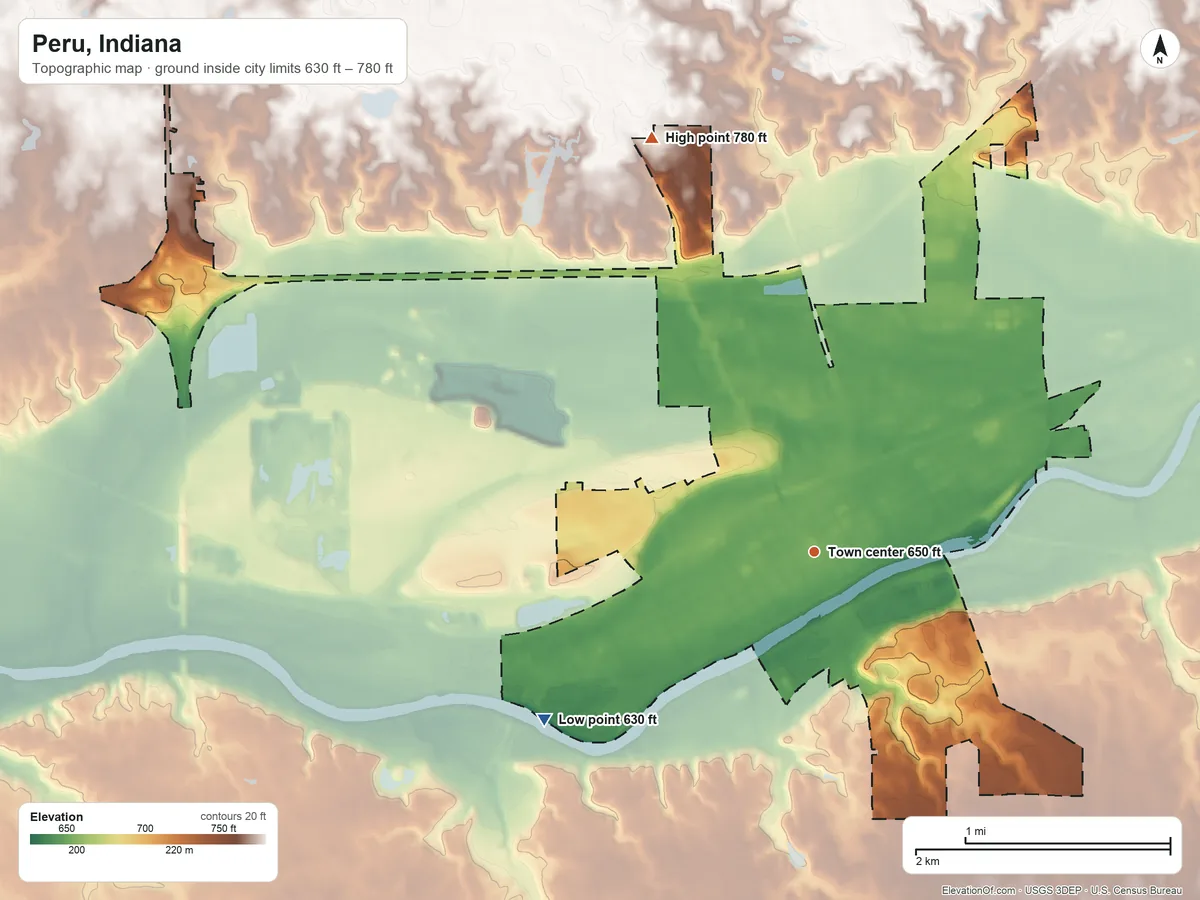 Topographic elevation map of Peru, Indiana, shaded from 630 ft on the southwest side to 780 ft on the north side