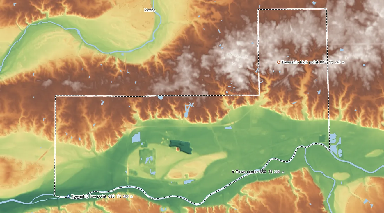 Topographic elevation map of Peru Township, Indiana, shaded from 620 ft on the west side to 800 ft on the north side