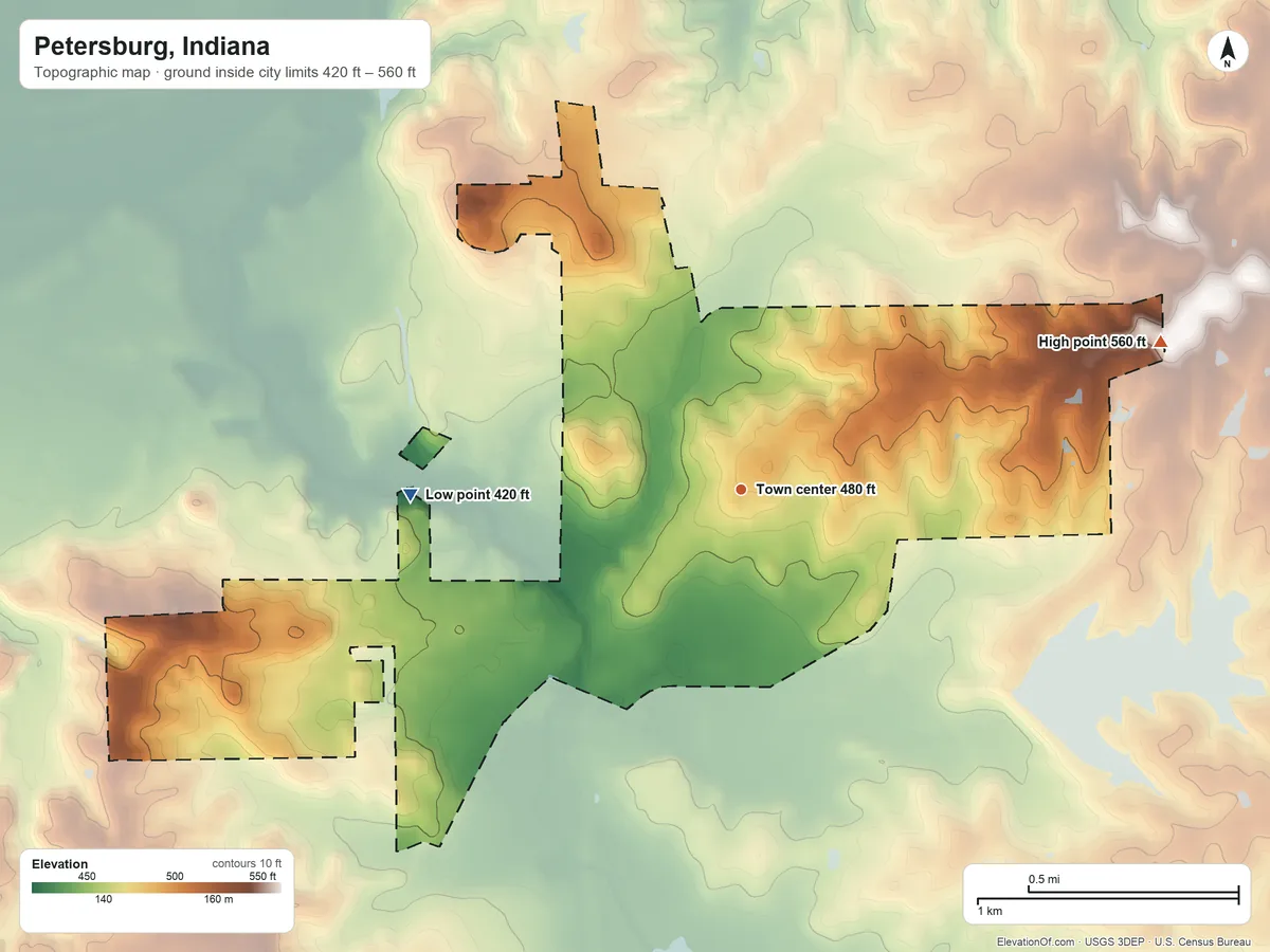 Topographic elevation map of Petersburg, Indiana, shaded from 420 ft on the west side to 560 ft on the east side