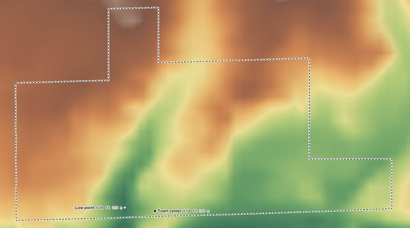 Topographic elevation map of Petersville, Indiana, shaded from 640 ft near the middle to 670 ft on the north side