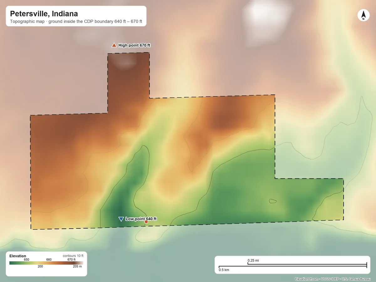 Topographic elevation map of Petersville, Indiana, shaded from 640 ft near the middle to 670 ft on the north side
