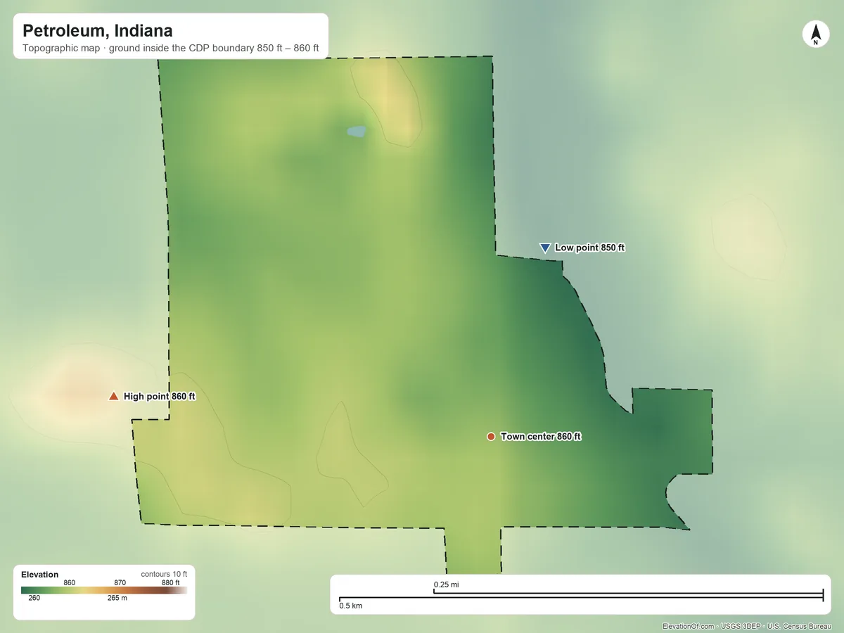 Topographic elevation map of Petroleum, Indiana, shaded from 850 ft on the north side to 860 ft on the west side