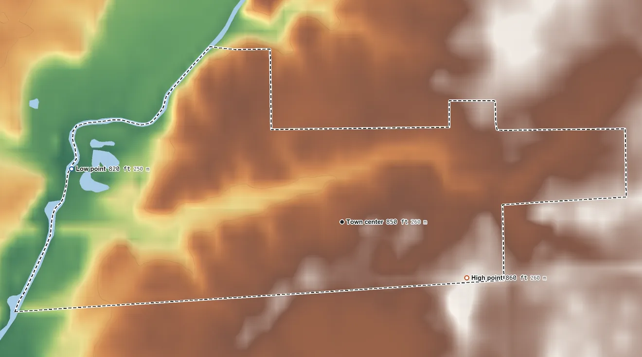 Topographic elevation map of Philadelphia, Indiana, shaded from 820 ft on the west side to 860 ft on the southeast side