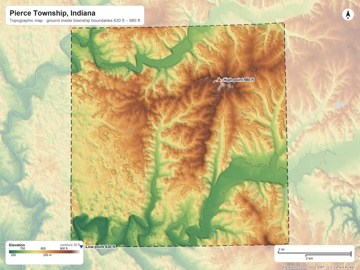 Topographic elevation map of Pierce Township, Indiana, shaded from 630 ft on the southwest side to 980 ft on the north side