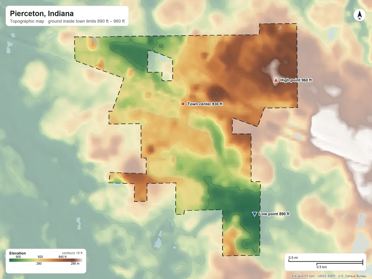 Topographic elevation map of Pierceton, Indiana, shaded from 890 ft on the southeast side to 960 ft on the east side