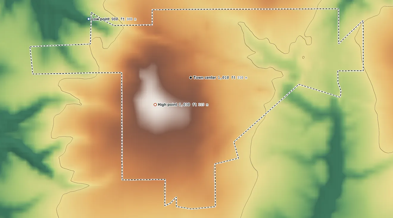 Topographic elevation map of Pierceville, Indiana, shaded from 980 ft on the northwest side to 1,030 ft on the southwest side