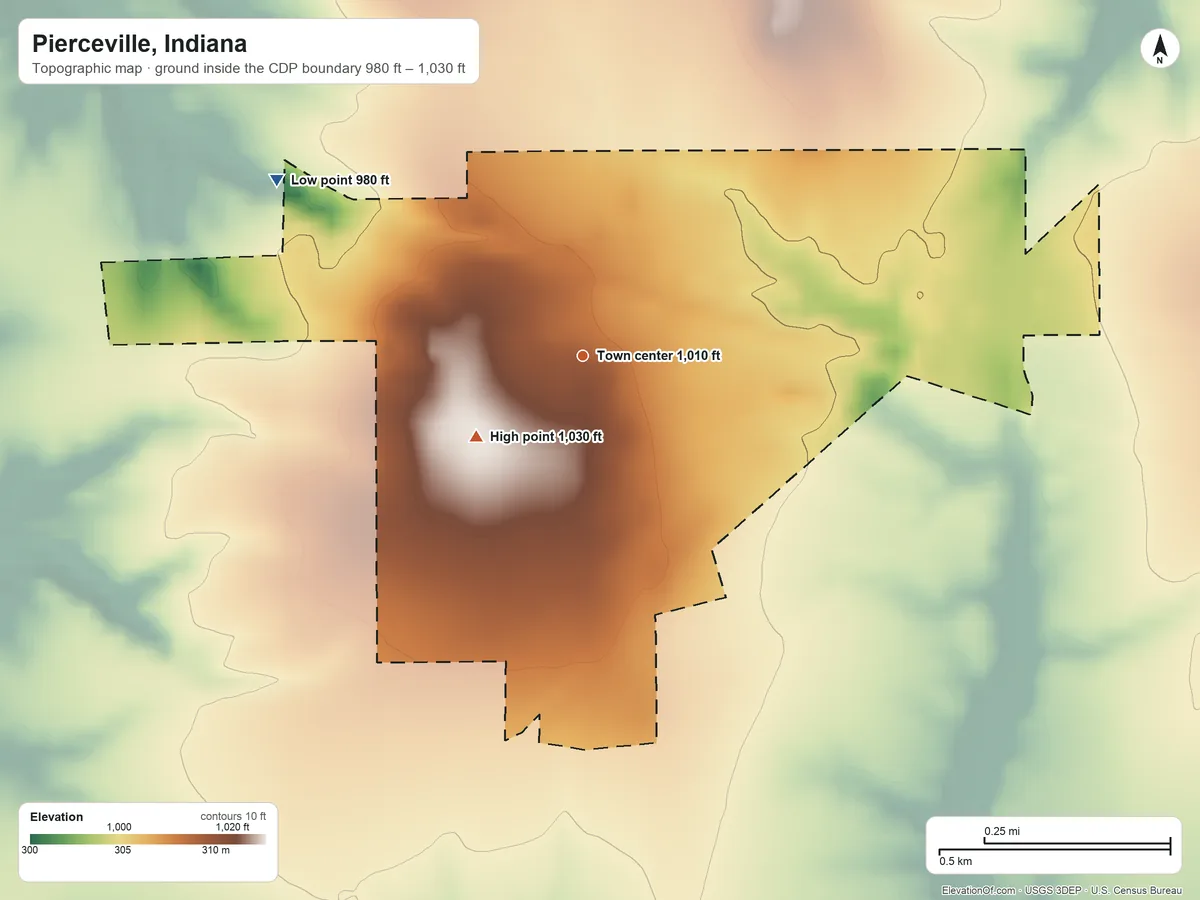 Topographic elevation map of Pierceville, Indiana, shaded from 980 ft on the northwest side to 1,030 ft on the southwest side