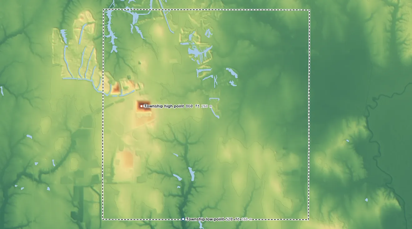 Topographic elevation map of Pierson Township, Indiana, shaded from 520 ft on the south side to 860 ft on the west side