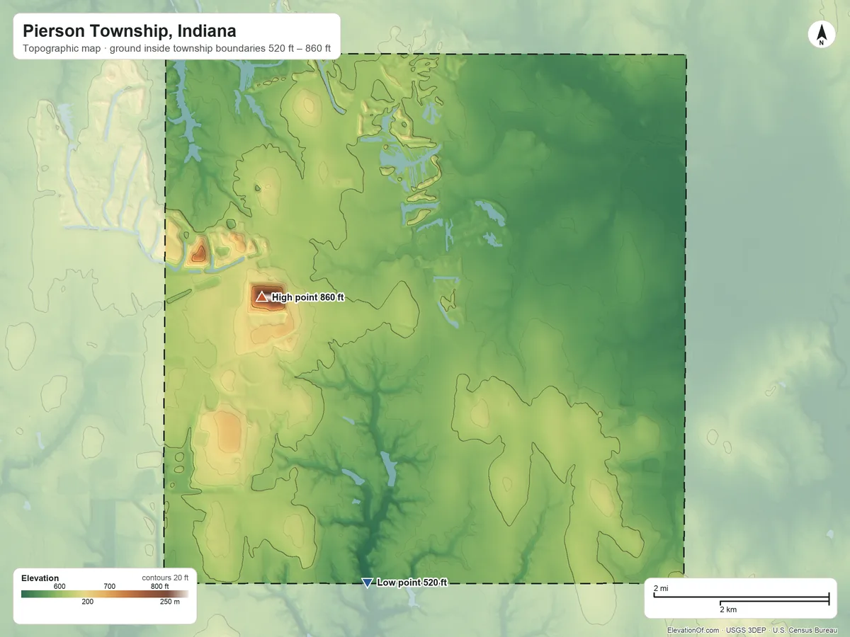 Topographic elevation map of Pierson Township, Indiana, shaded from 520 ft on the south side to 860 ft on the west side