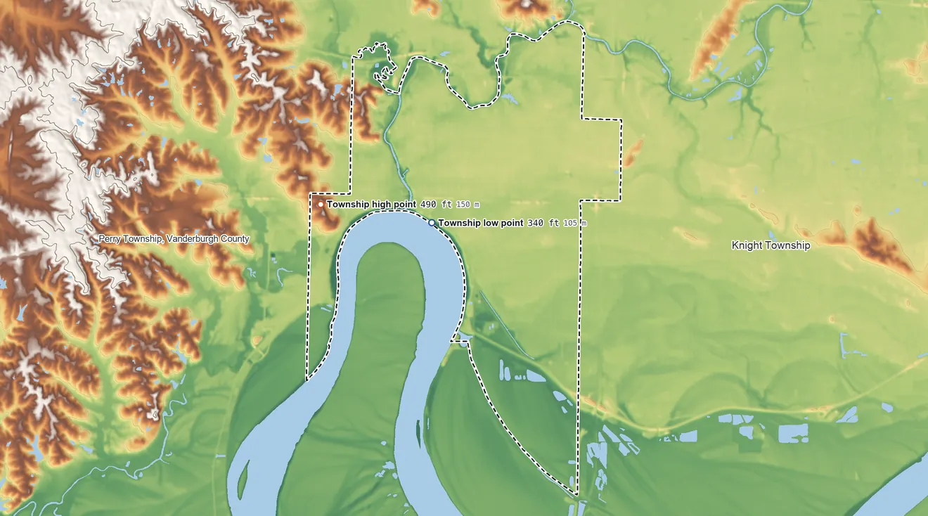 Topographic elevation map of Pigeon Township, Indiana, shaded from 340 ft on the southwest side to 490 ft on the west side