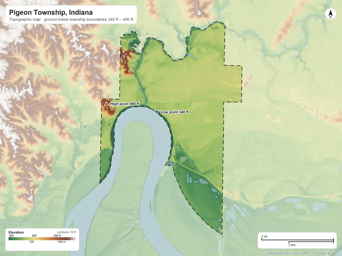 Topographic elevation map of Pigeon Township, Indiana, shaded from 340 ft on the southwest side to 490 ft on the west side