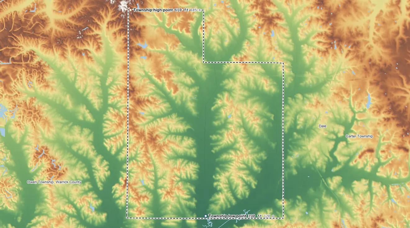 Topographic elevation map of Pigeon Township, Warrick County, Indiana, shaded from 390 ft on the south side to 610 ft on the north side
