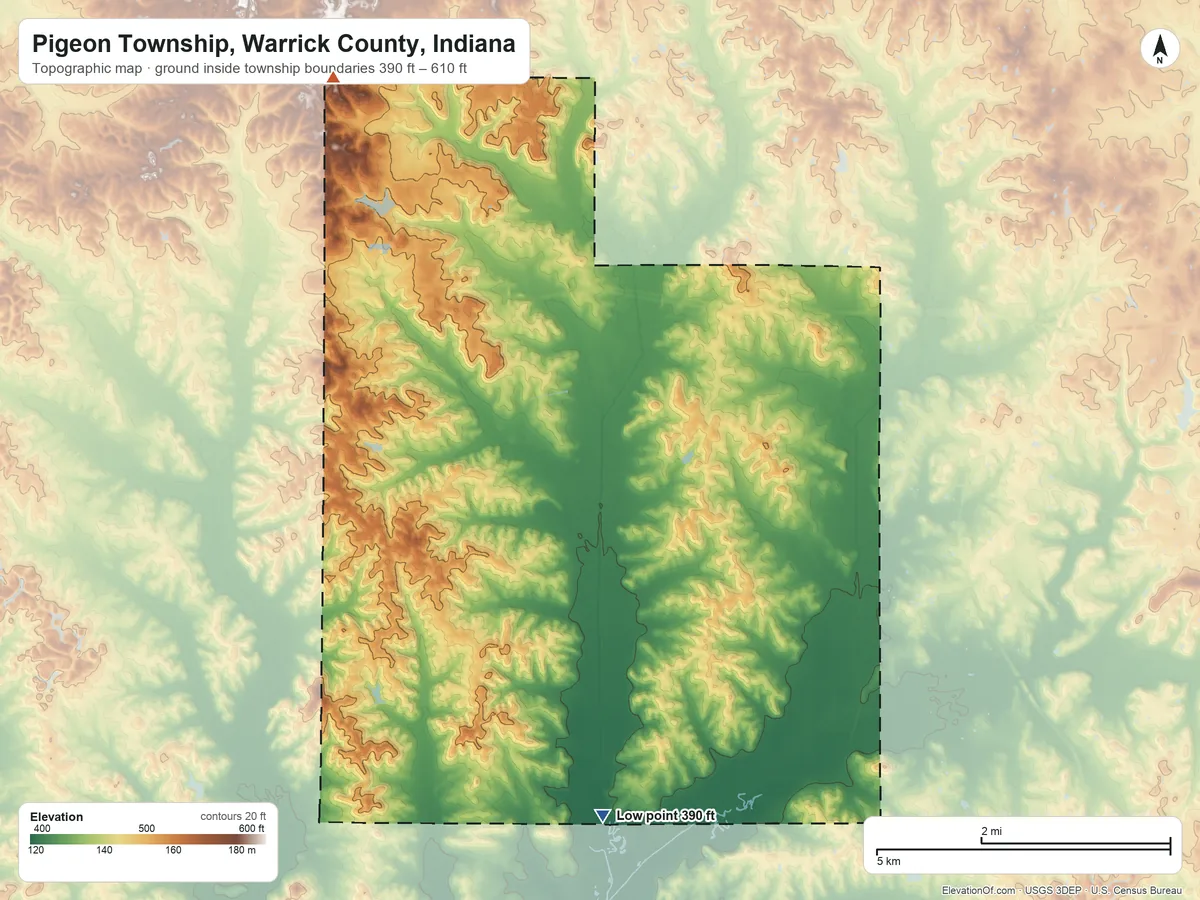 Topographic elevation map of Pigeon Township, Warrick County, Indiana, shaded from 390 ft on the south side to 610 ft on the north side