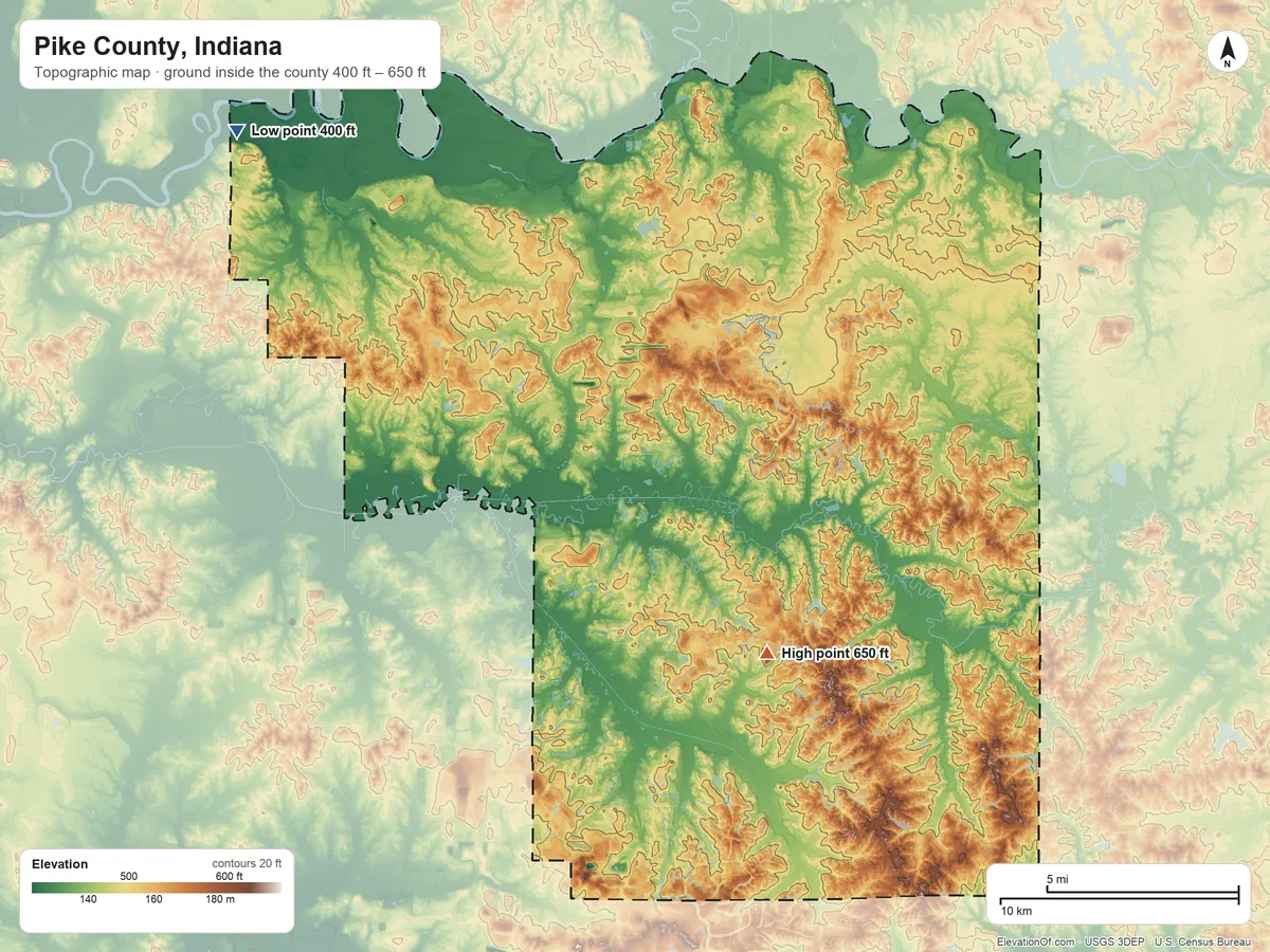 Topographic elevation map of Pike County, Indiana, shaded from 400 ft on the northwest side to 650 ft on the southeast side