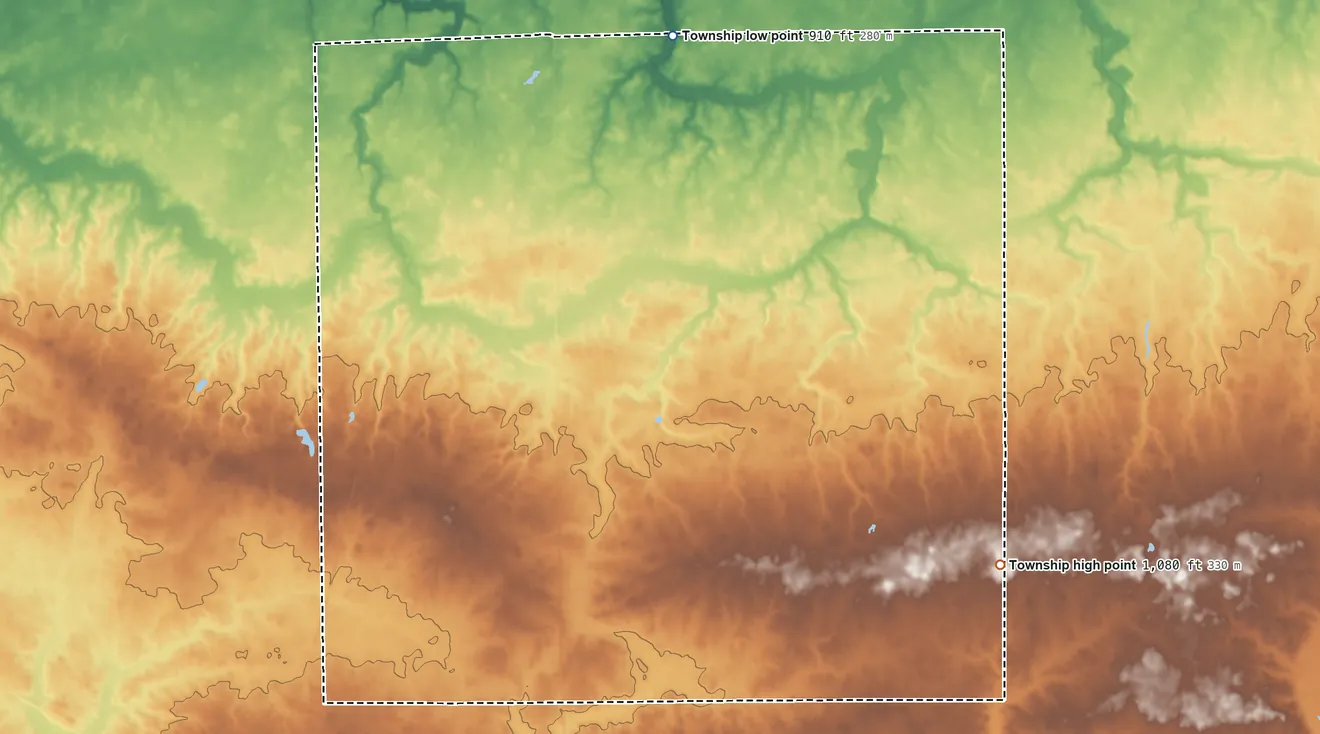 Topographic elevation map of Pike Township, Jay County, Indiana, shaded from 910 ft on the north side to 1,080 ft on the southeast side