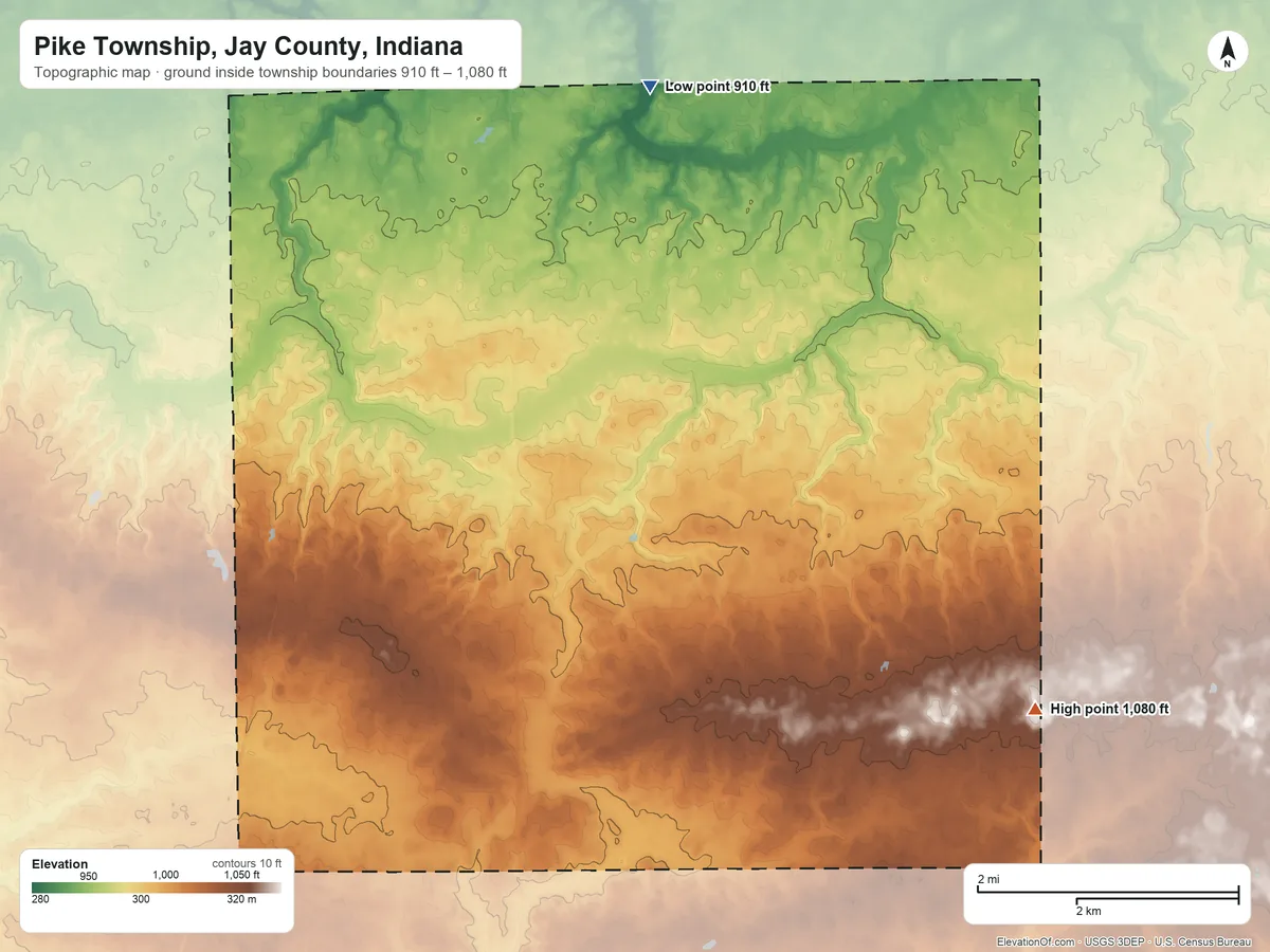 Topographic elevation map of Pike Township, Jay County, Indiana, shaded from 910 ft on the north side to 1,080 ft on the southeast side