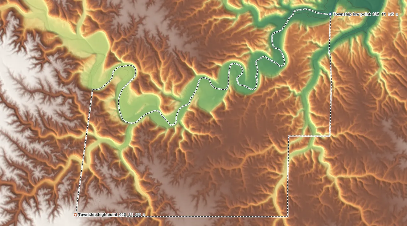 Topographic elevation map of Pike Township, Ohio County, Indiana, shaded from 480 ft on the northeast side to 920 ft on the west side