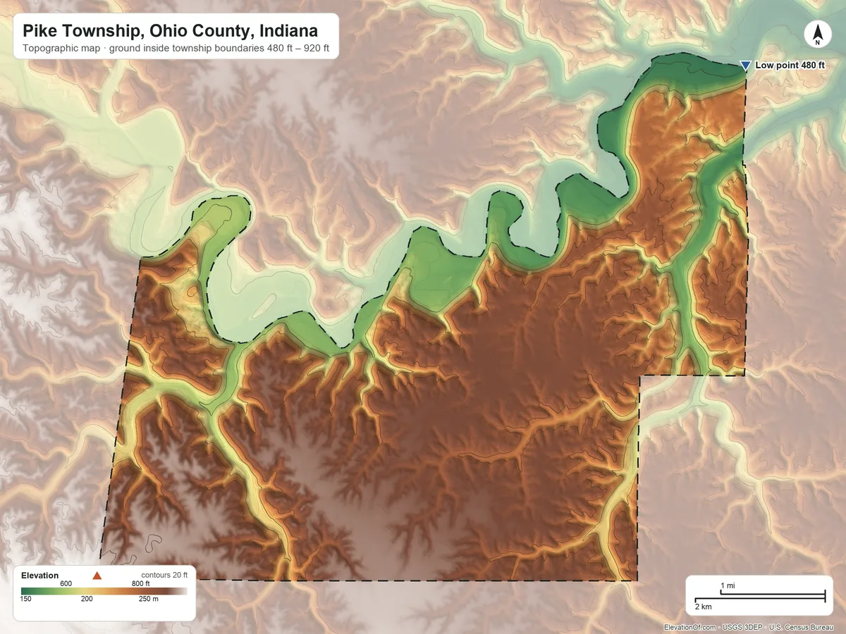 Topographic elevation map of Pike Township, Ohio County, Indiana, shaded from 480 ft on the northeast side to 920 ft on the west side