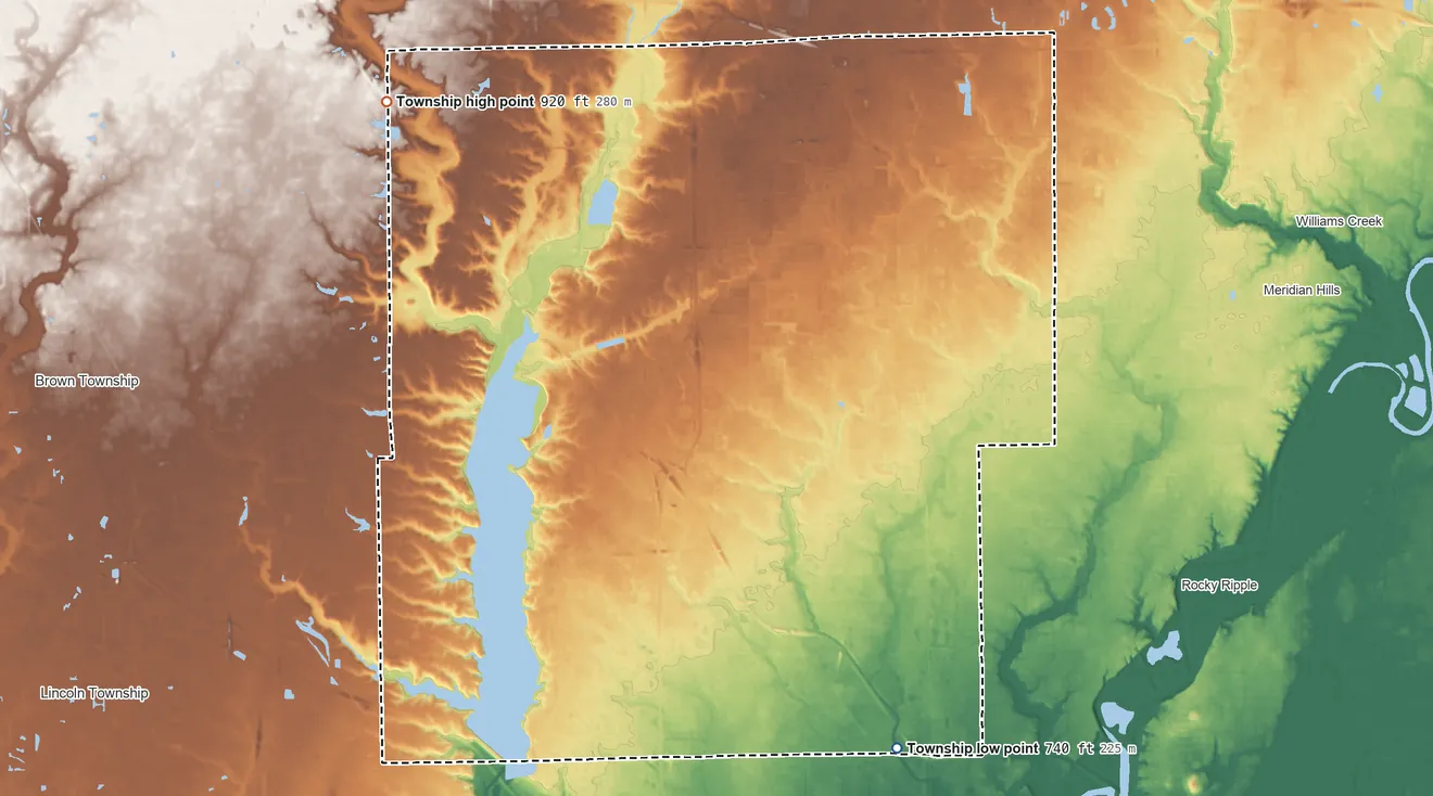 Topographic elevation map of Pike Township, Indiana, shaded from 740 ft on the south side to 920 ft on the northwest side