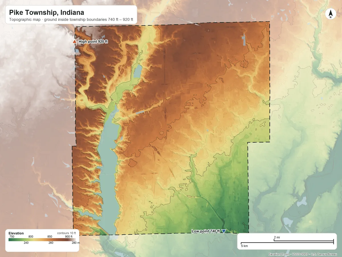 Topographic elevation map of Pike Township, Indiana, shaded from 740 ft on the south side to 920 ft on the northwest side