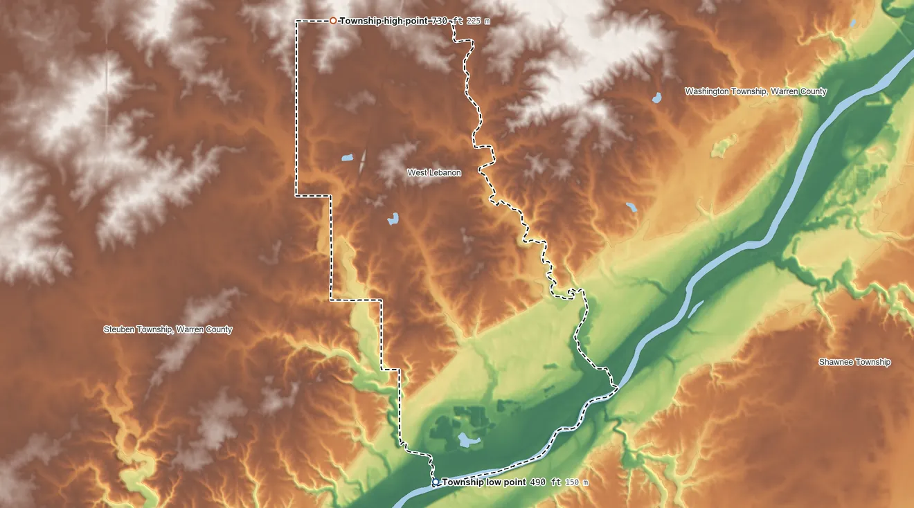 Topographic elevation map of Pike Township, Warren County, Indiana, shaded from 490 ft on the south side to 730 ft on the northwest side