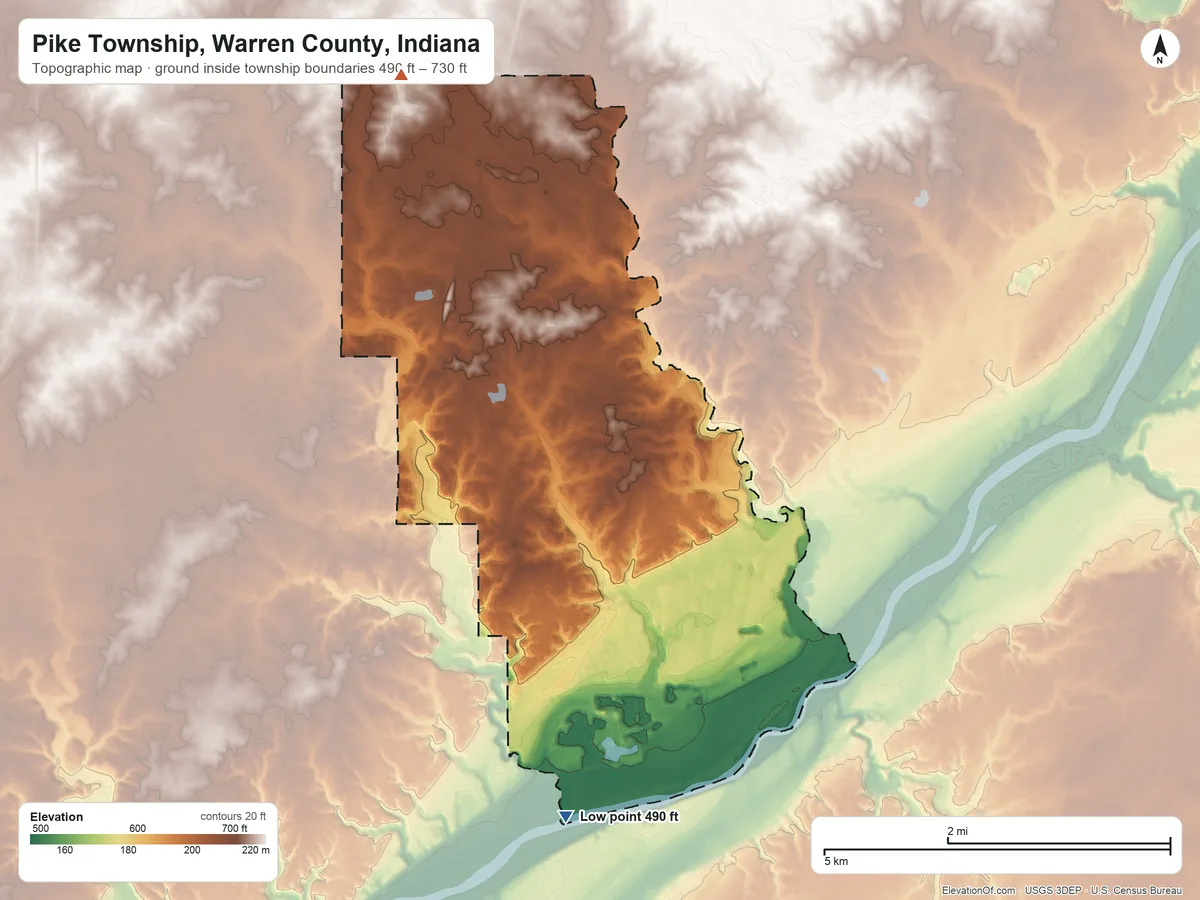 Topographic elevation map of Pike Township, Warren County, Indiana, shaded from 490 ft on the south side to 730 ft on the northwest side