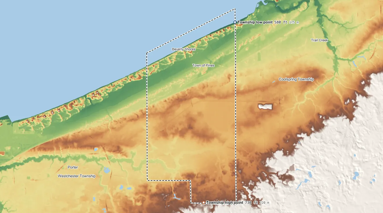Topographic elevation map of Pine Township, Indiana, shaded from 580 ft on the northeast side to 730 ft on the south side