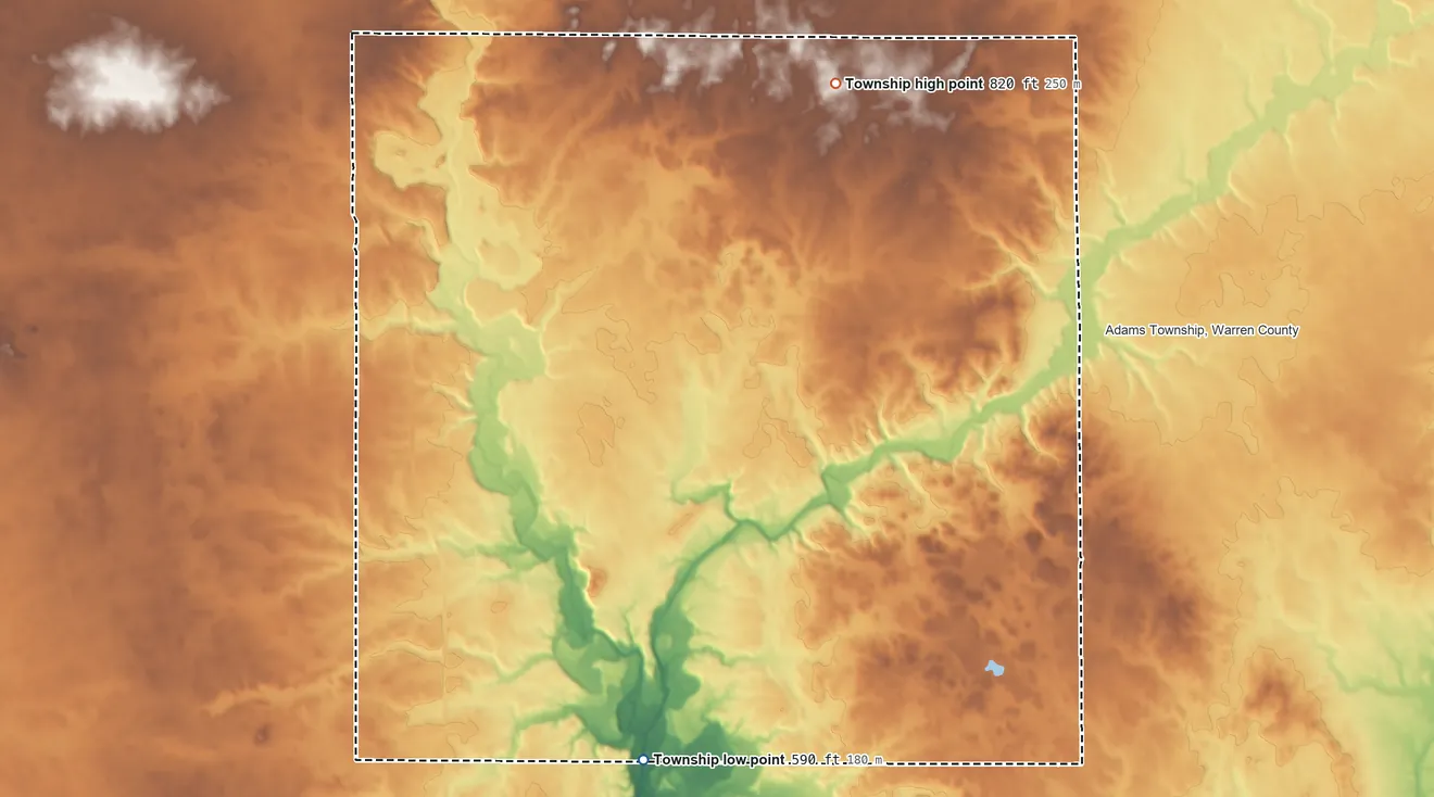 Topographic elevation map of Pine Township, Warren County, Indiana, shaded from 590 ft on the south side to 820 ft on the north side